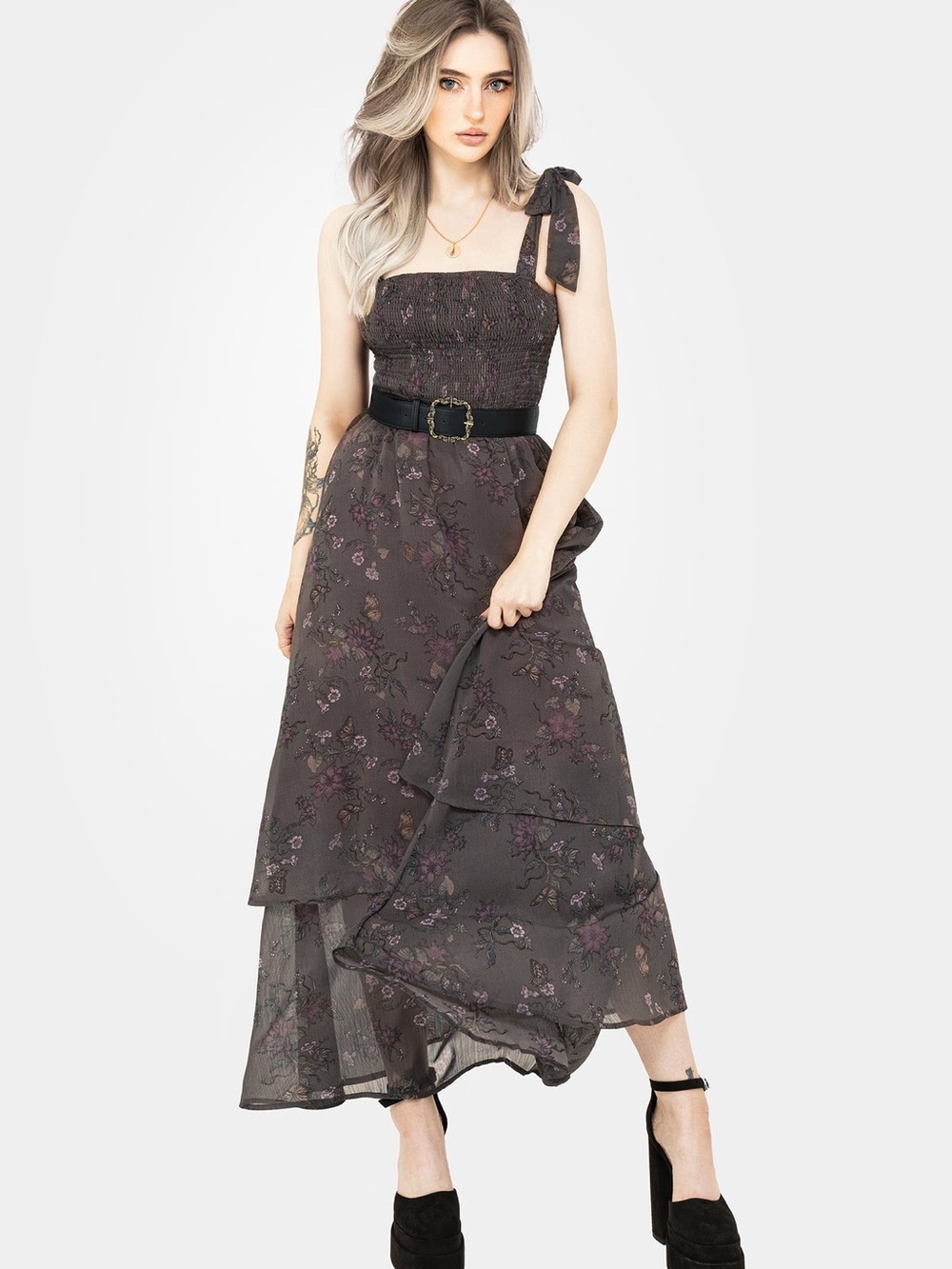 Disturbia Amora Brown Floral Butterfly Tiered Maxi Dress NWT US 6